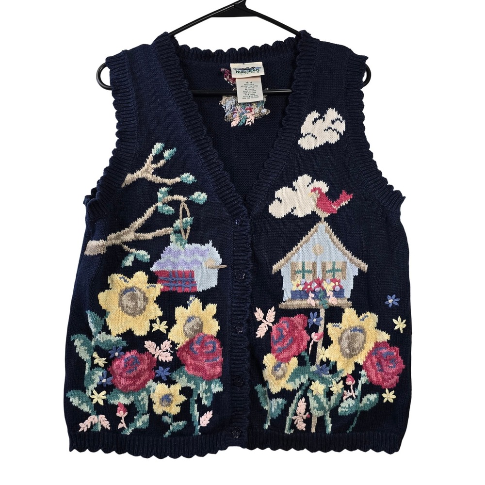 Northern Reflections Vintage 90s Birdhouse Floral Knit Sweater Vest Navy Medium